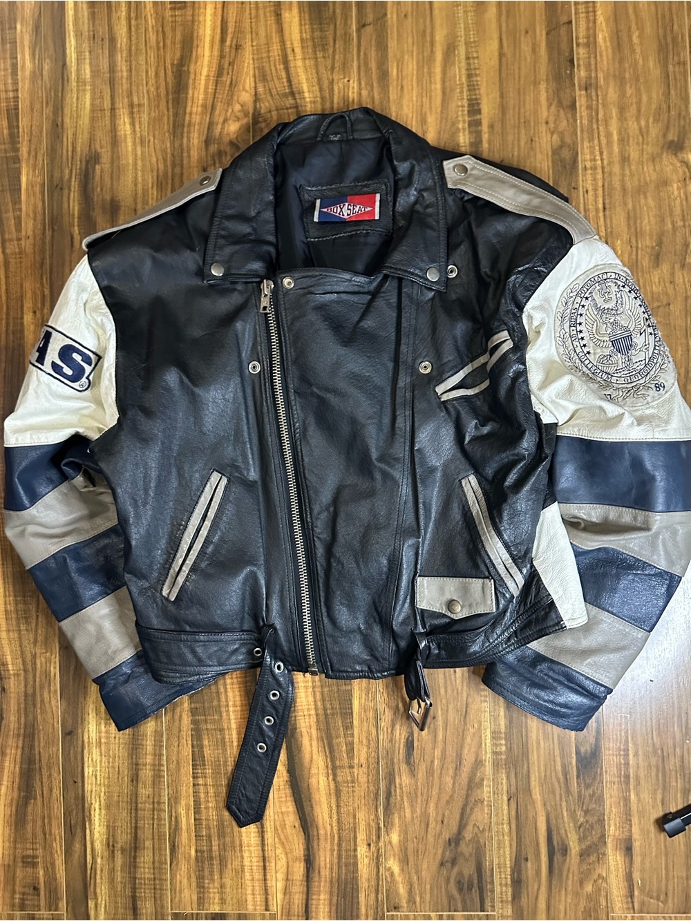 Vintage Georgetown Black Leather Biker Jacket with Contrast Sleeves